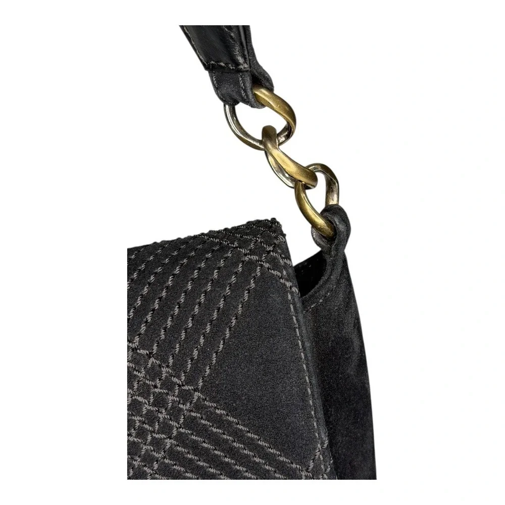 Vintage Chanel Black Suede Quilted Crossbody Bag CC Turnlock Wide Strap